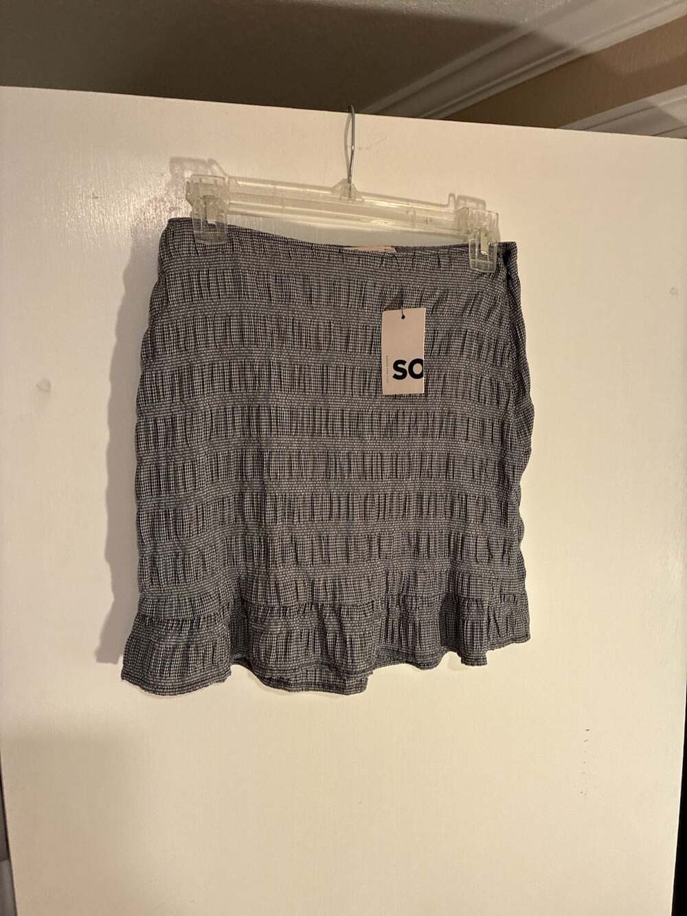 SO Goods For Life Black and White Gingham Smocked Ruffle Hem Mini Skirt